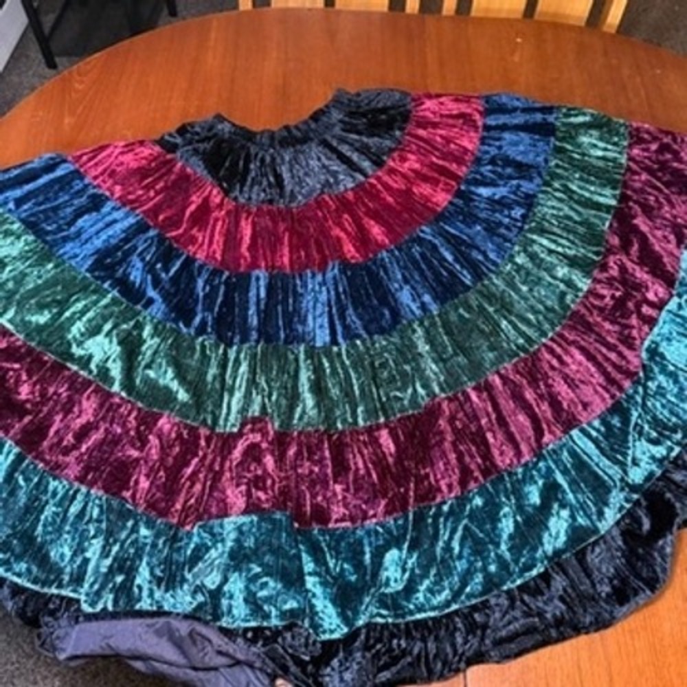 Multicolor Crushed Velvet Tiered FULL Maxi Skirt Boho Renaissance Halloween Boho